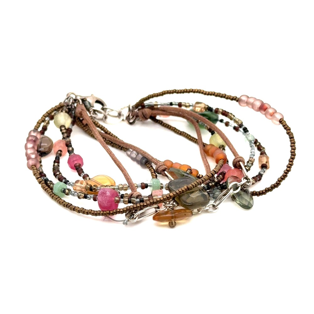 Silpada Multi-Strand Beaded Bracelet Sterling Silver Leather Earth Tones 7-8.5"